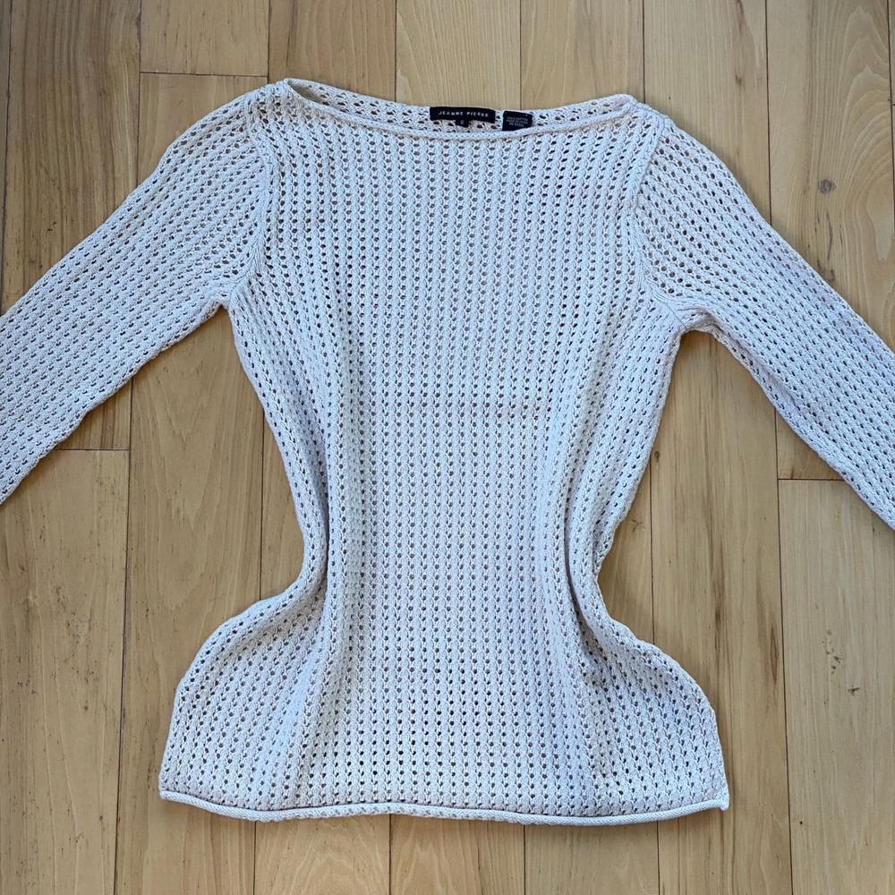 Jeanne Pierre 100 Cotton Boho Cream Crochet 3/4 Sleeve Fitted Top Boat Neck - S